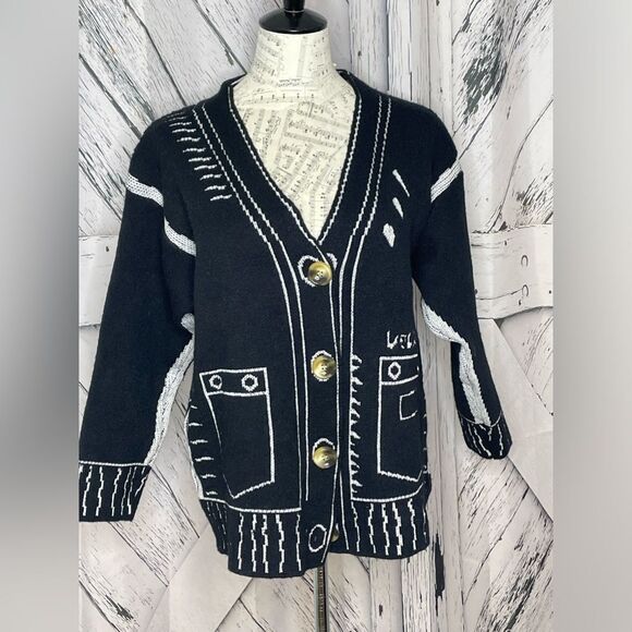 COMIC EFFECT CONTRAST KNIT CARDIGAN BLACK & WHITE ONE SIZE - Picture 3 of 6
